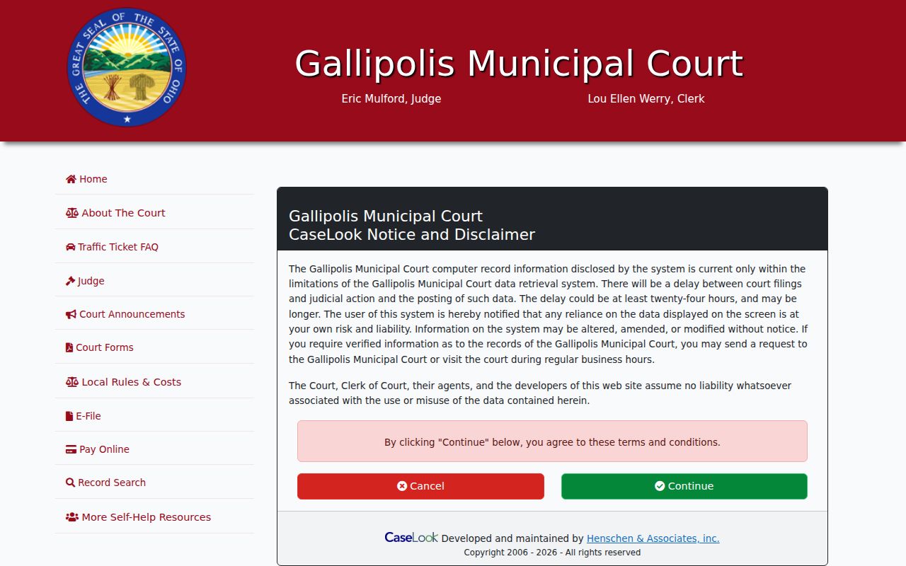 Gallia County case search CaseLook Record Search disclaimer