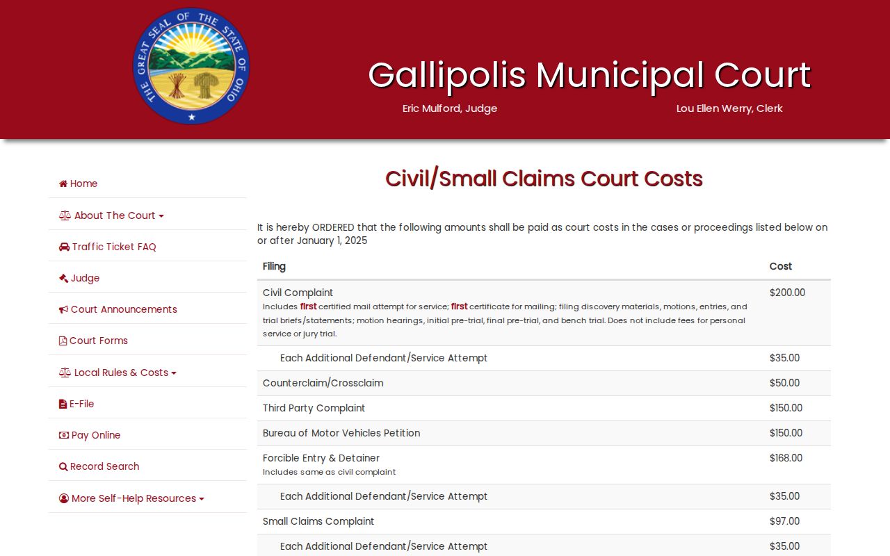Gallia County civil docket municipal civil fee schedule source page