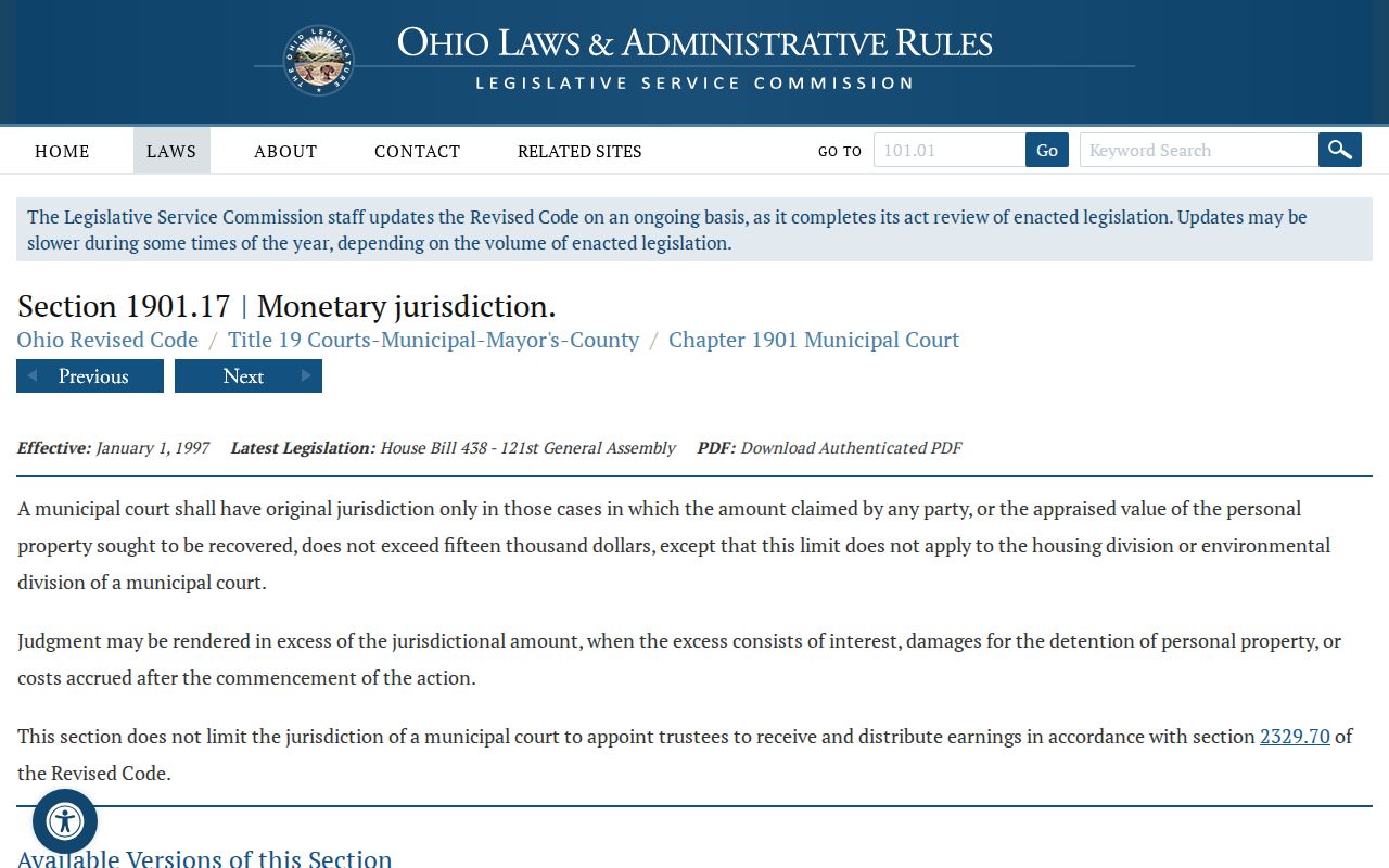 Gallia County civil docket municipal court jurisdiction statute source page