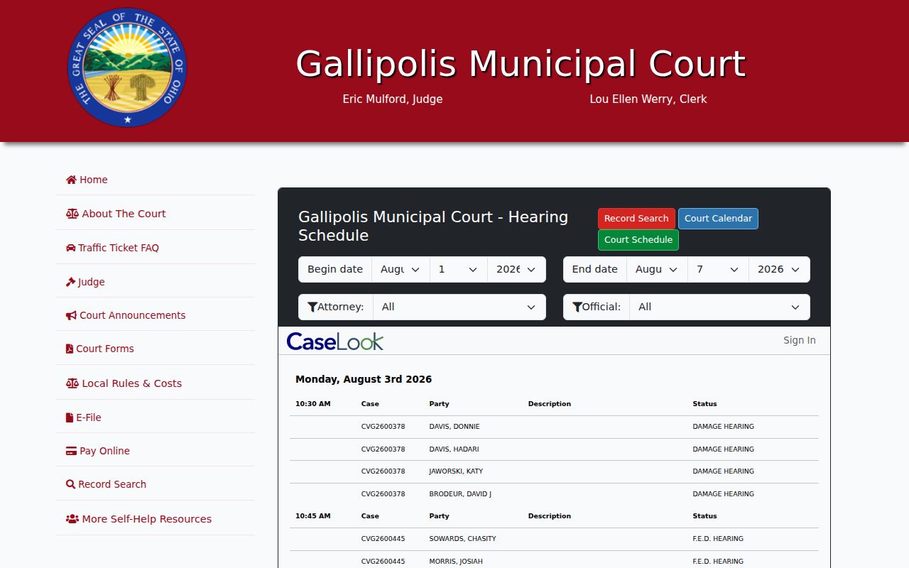 Gallia County court calendar CaseLook court schedule interface