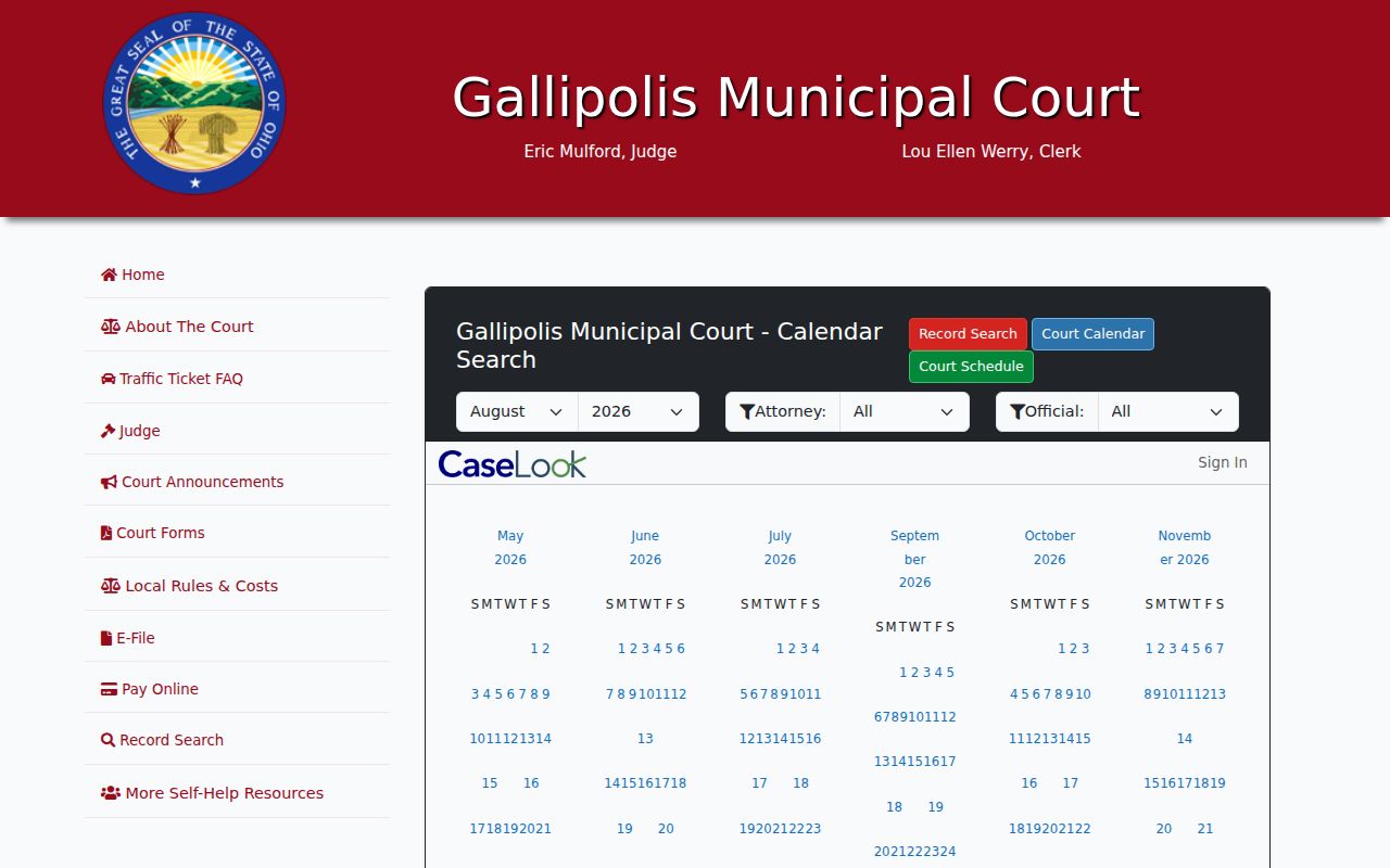 Gallia County court calendar CaseLook hearing calendar controls