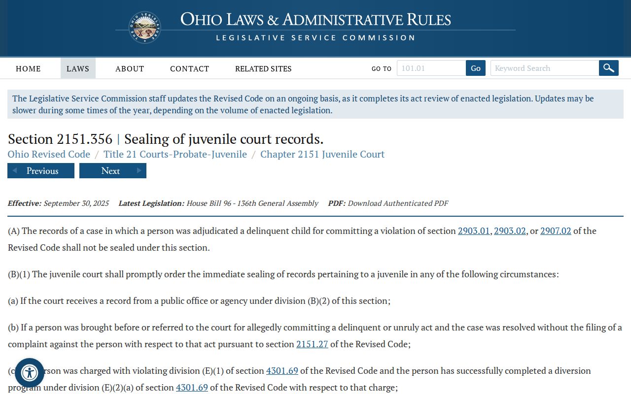 Gallia County criminal docket juvenile record sealing statute source page