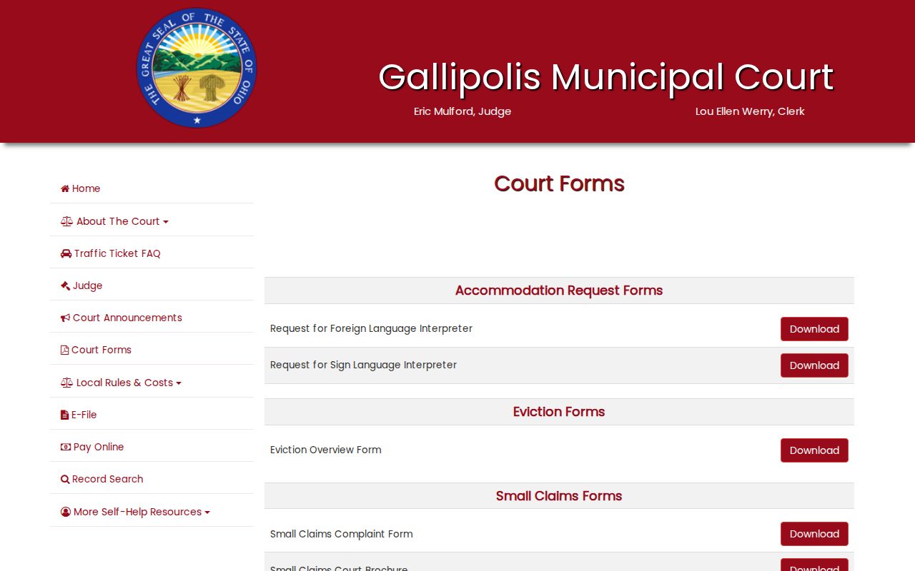 Gallia County traffic court records Municipal Court forms catalogue