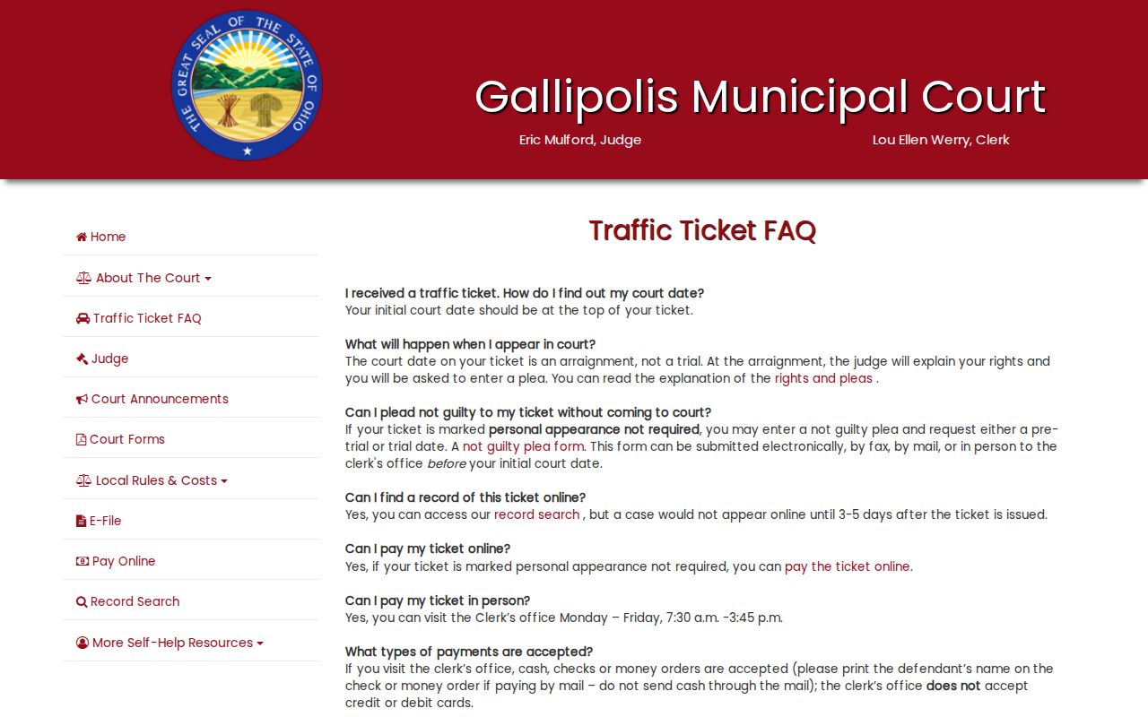 Gallia County traffic court records ticket FAQ and posting guidance